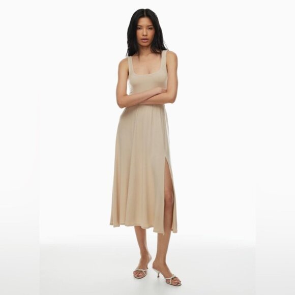 ARITZIA WILFRED Market Slit Dress Square neck Midi Tank jersey beige Size Small - Picture 1 of 15